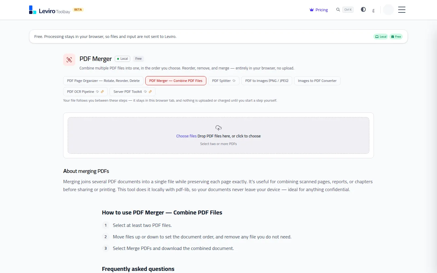 Toolbay PDF Merger page in English, with Local and Free labels and a drop zone to choose PDF files.